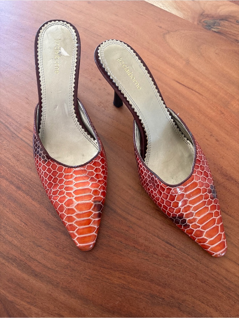Vintage Liz Claiborne Orange Snakeskin Pointed-Toe Mule Heels leather size 7.5